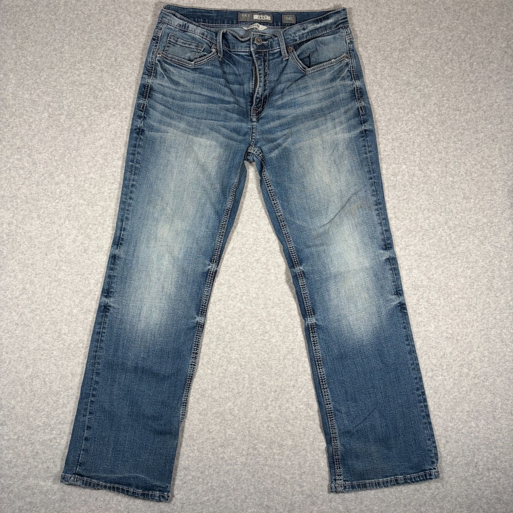 Buckle BKE Jake Bootcut Jeans Mens 34S (Fits 32x29.5) Blue Denim Stretch Logo